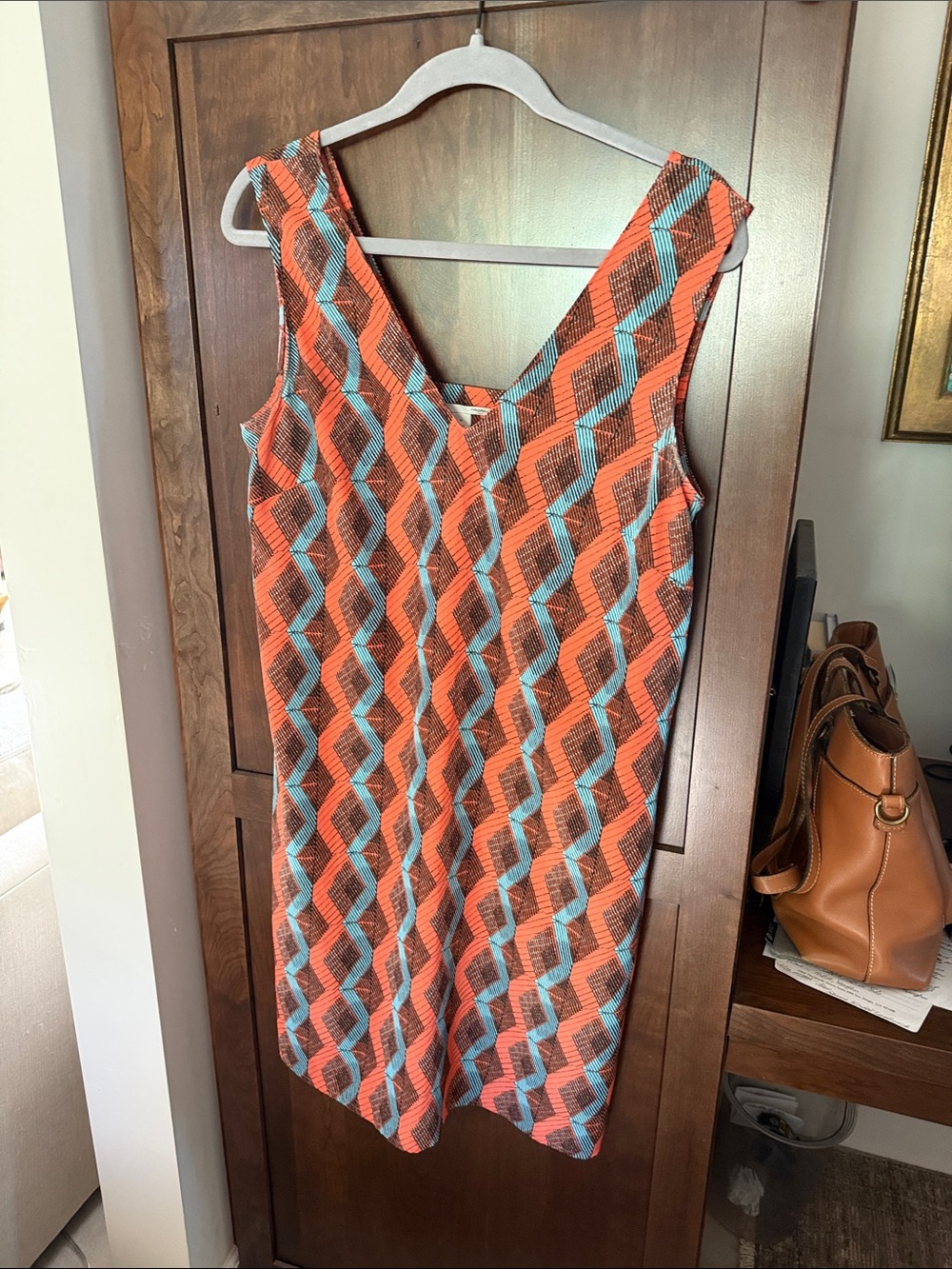 Sleeveless V-Neck Slip Dress Geometric Pattern Dress in Orange and Turquoise